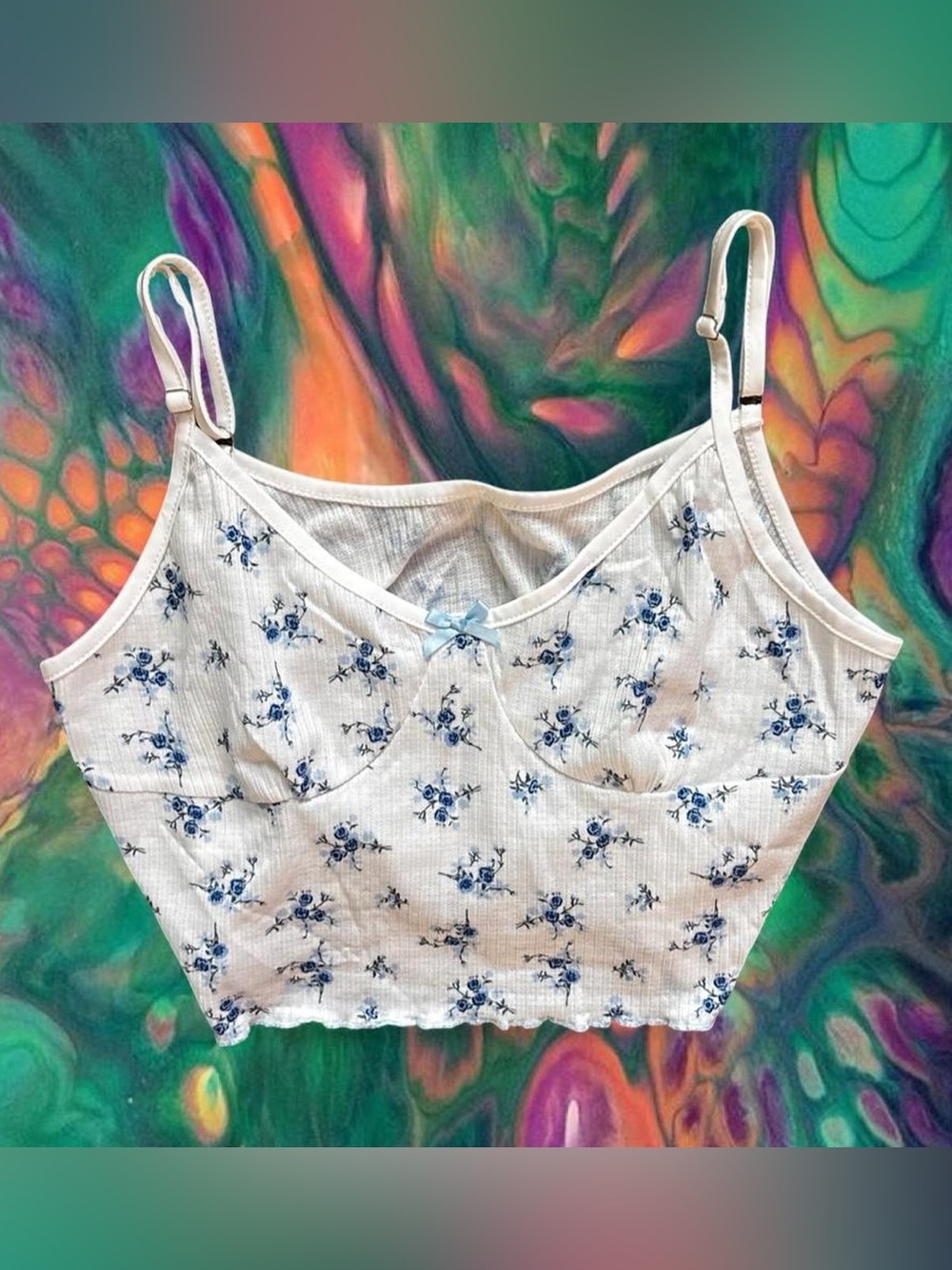 White Floral Crop Cami Top with Blue Rose Print + Bow Detail